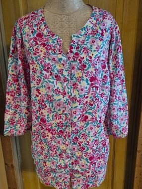 Coral Bay Woman Linen Blend Button Up Top Size 1X Floral Pattern Vibrant Colors